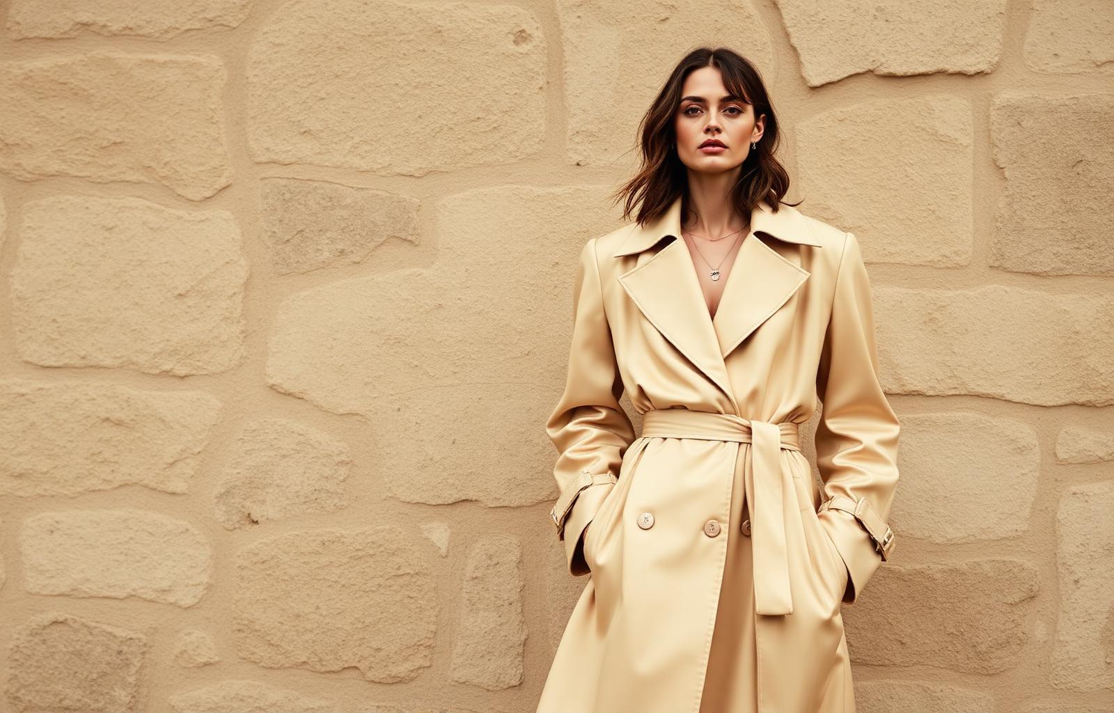 Editorial portrait in beige silk coat